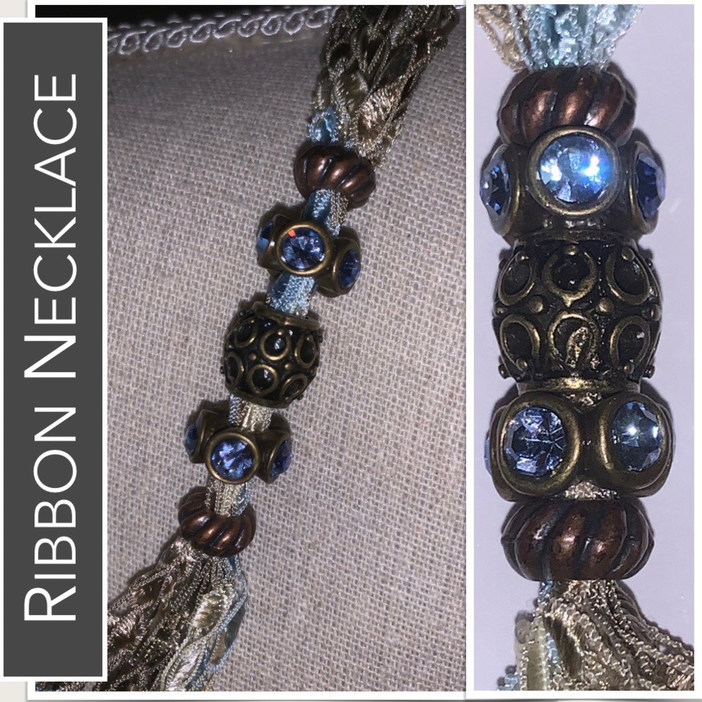 Necklace Strand of Blue, Sage, Bronze Ribbons, Bronze Beads & Blue Stones Accent - Picture 2 of 11